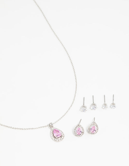 Silver Pink Cubic Zirconia Drop Necklace & Stud Earrings Set