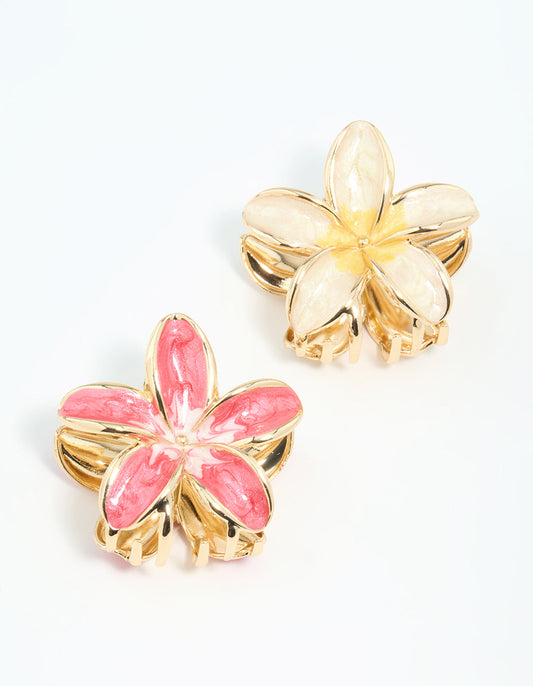 Gold Pink & Cream Enamel Frangipani Claw Clips 2-Pack