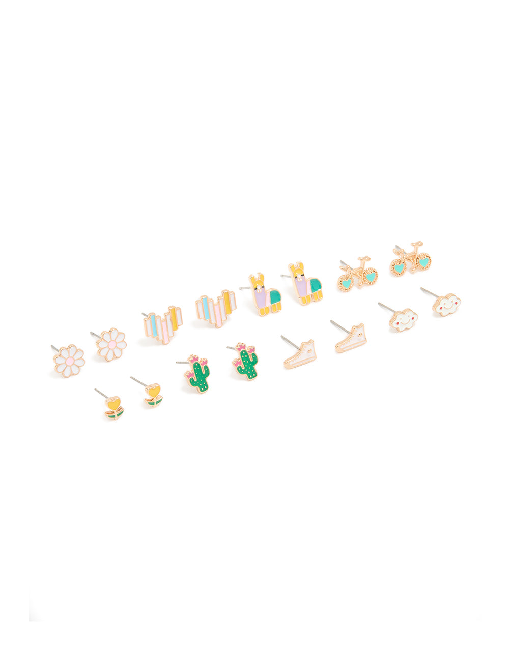 Gold Flower & Bike Stud Earrings 8-Pack