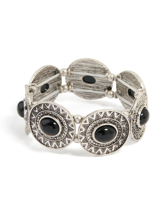 Antique Silver Black Stone Textured Large Stretch Bracelet