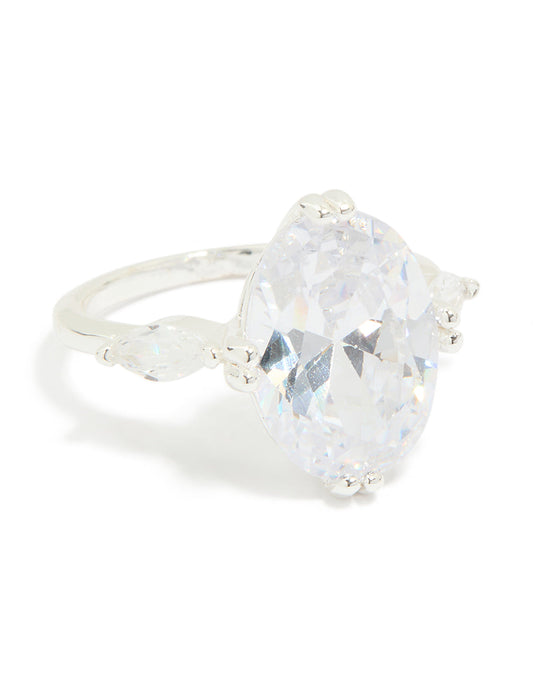 Silver Plated Cubic Zirconia Large Oval Statement Ring