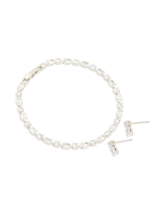 Silver Cubic Zirconia Tennis Bracelet & Earrings Set