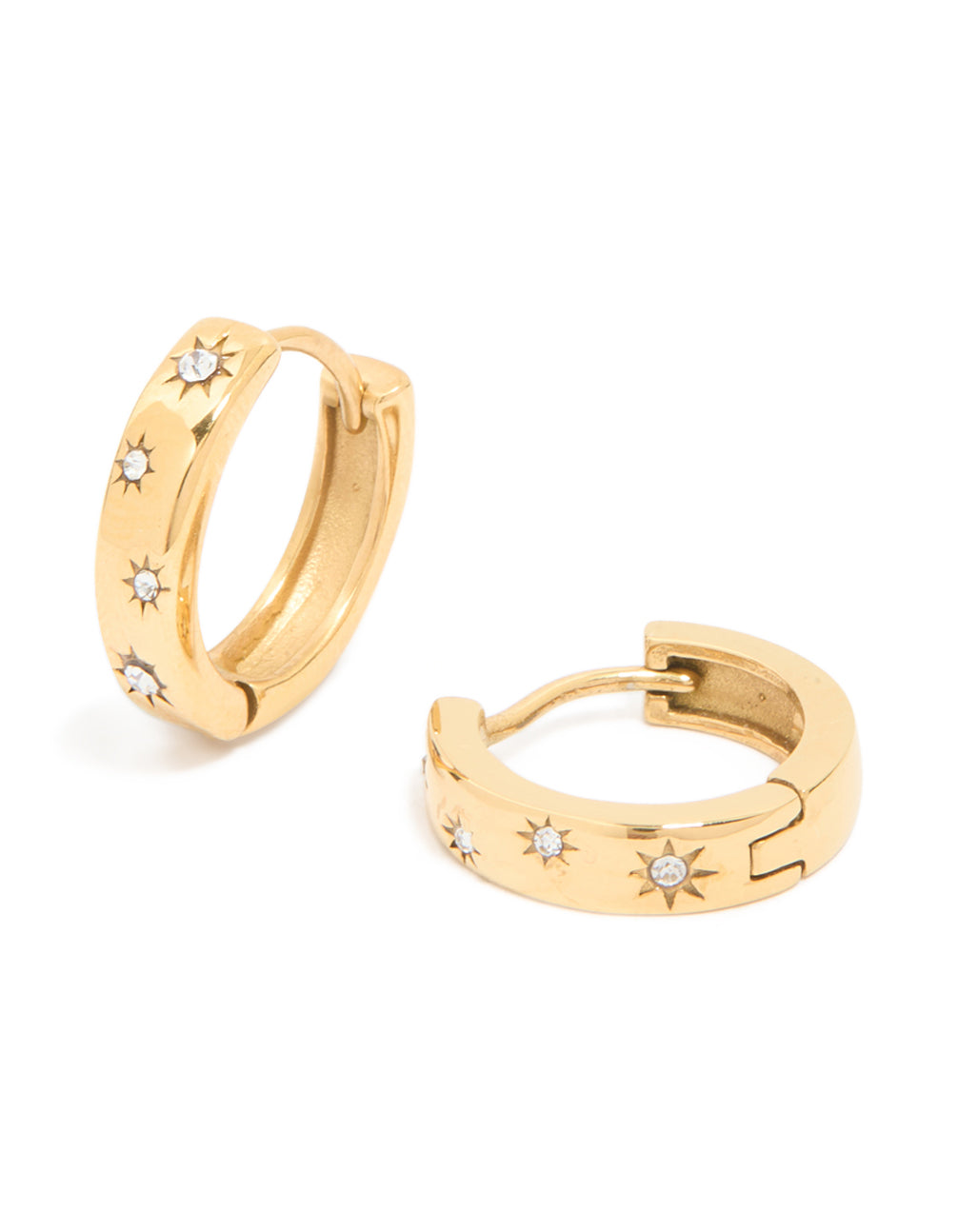 Waterproof Gold Plated Stainless Steel Diamante Star Clicker Hoop Earrings