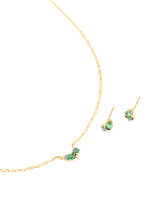 Waterproof Gold Plated Stainless Steel May Green Cubic Zirconia Birthstone Necklace & Earrings Set