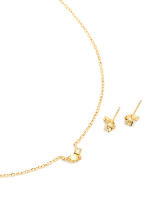 Waterproof Gold Plated Stainless Steel November Green Cubic Zirconia Birthstone Necklace & Earrings Set