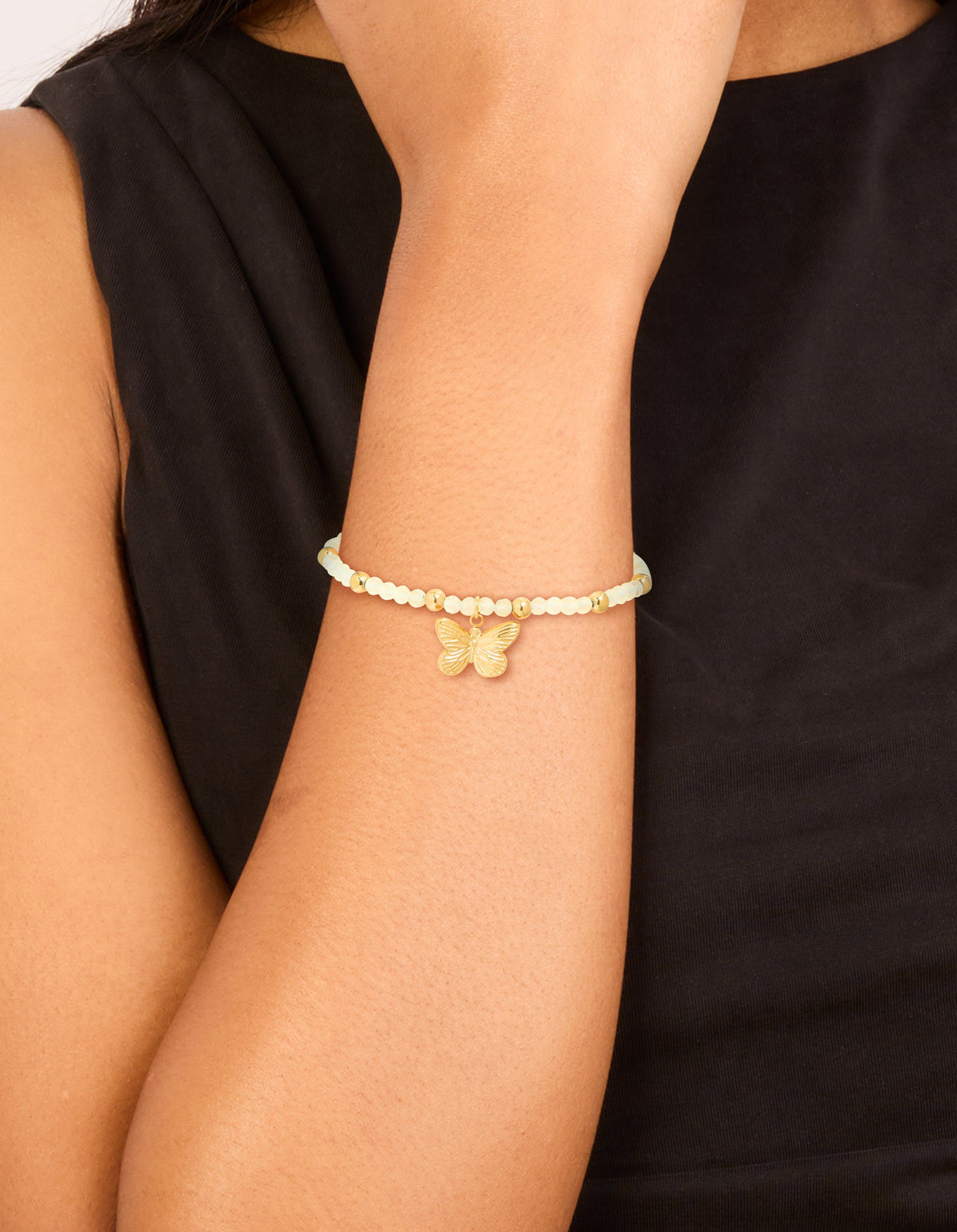 Waterproof Gold Plated Stainless Steel Green Semi Precious Stone Butterfly Stretch Bracelet