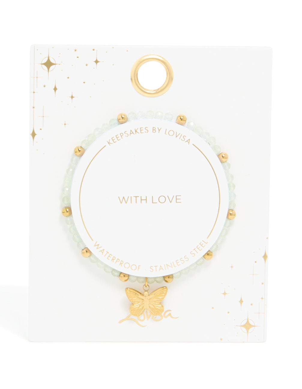 Waterproof Gold Plated Stainless Steel Green Semi Precious Stone Butterfly Stretch Bracelet