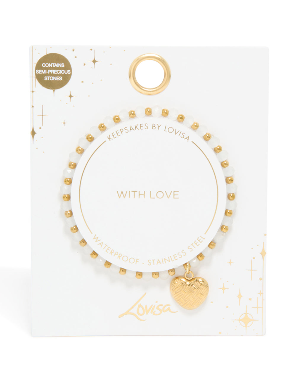 Waterproof Gold Plated Stainless Steel White Semi Precious Stone Heart Charm Stretch Bracelet