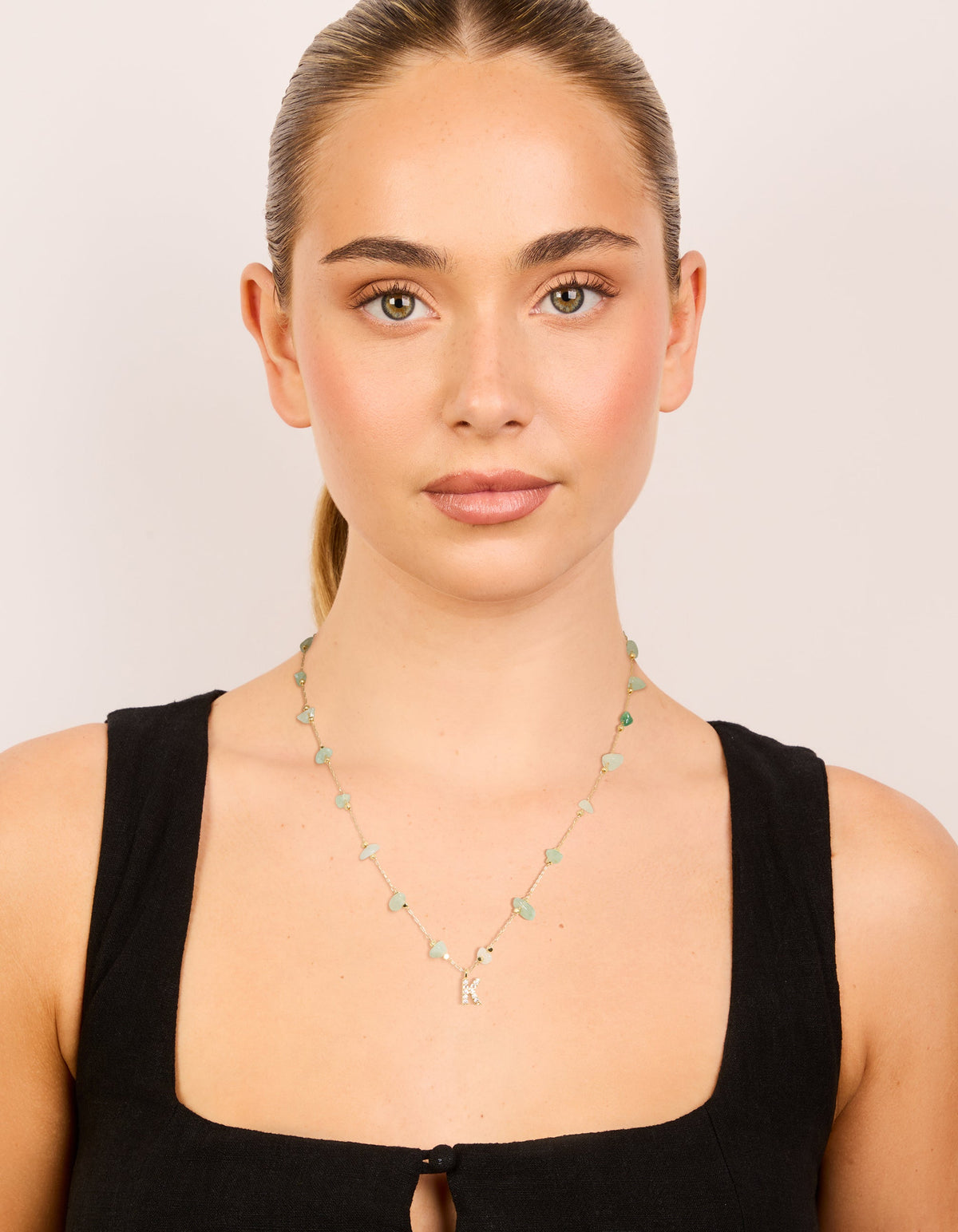 Gold Plated Green Aventurine Semi Precious Stone Cubic Zirconia Letter K Necklace