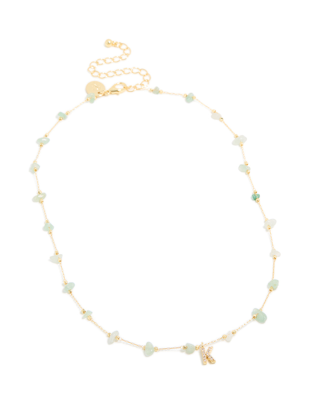 Gold Plated Green Aventurine Semi Precious Stone Cubic Zirconia Letter K Necklace