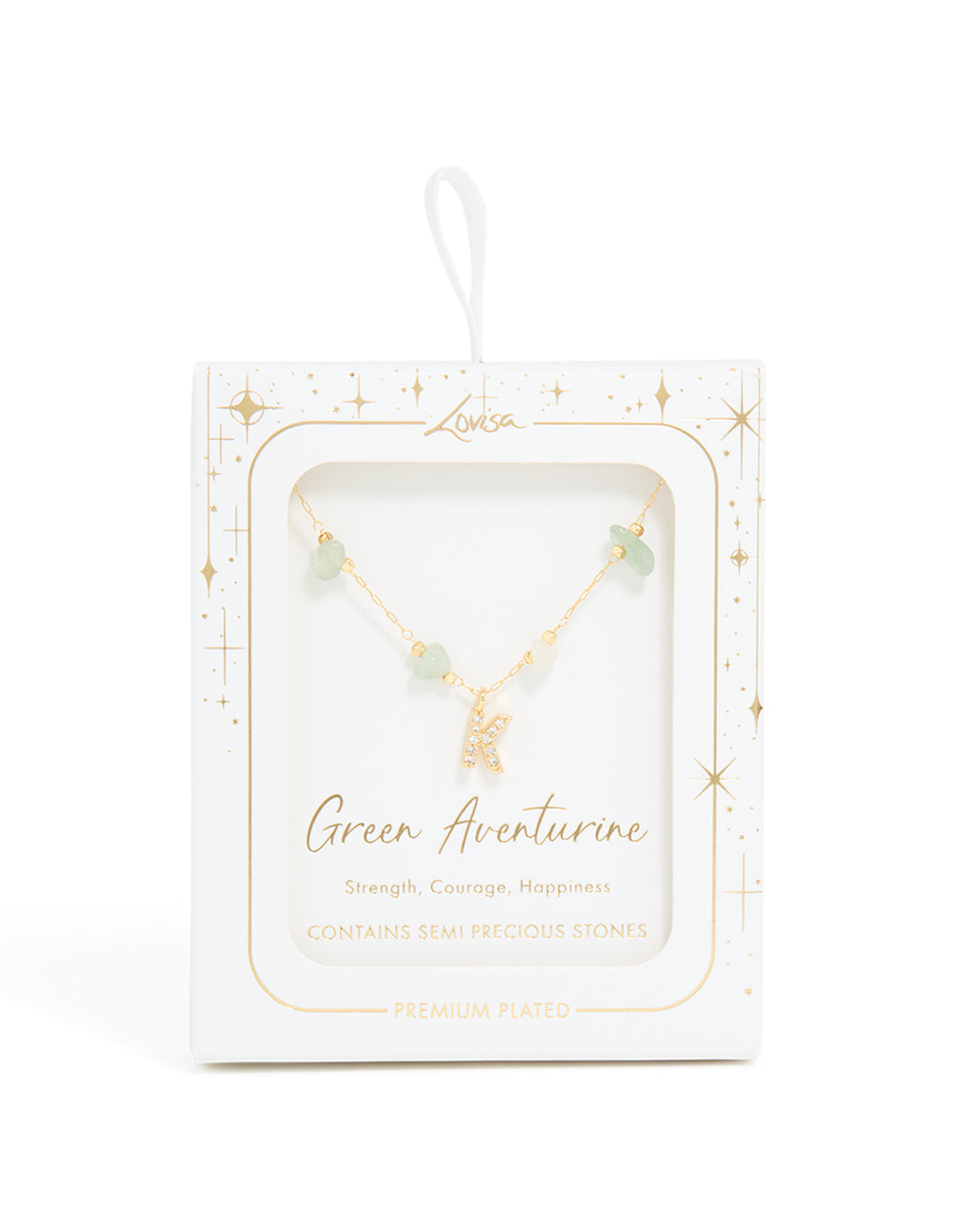 Gold Plated Green Aventurine Semi Precious Stone Cubic Zirconia Letter K Necklace