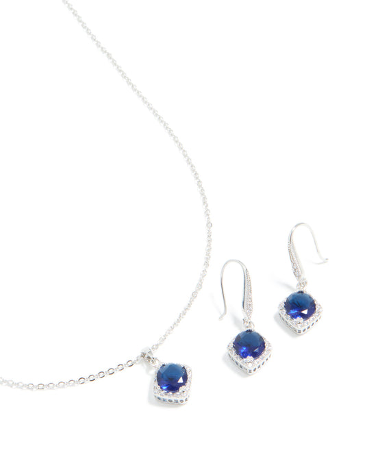 Silver Sapphire Cubic Zirconia Square Cushion Earrings & Necklace Set
