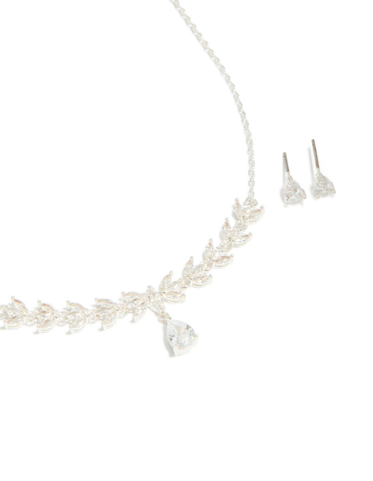 Silver Plated Cubic Zirconia Dainty Vine Drop Earrings & Necklace Jewellery Set