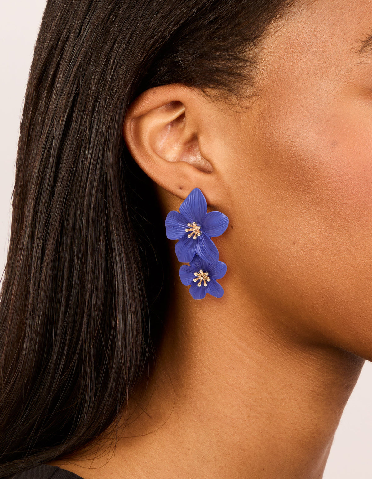 Dark Blue Double Layered Flower Drop Earrings