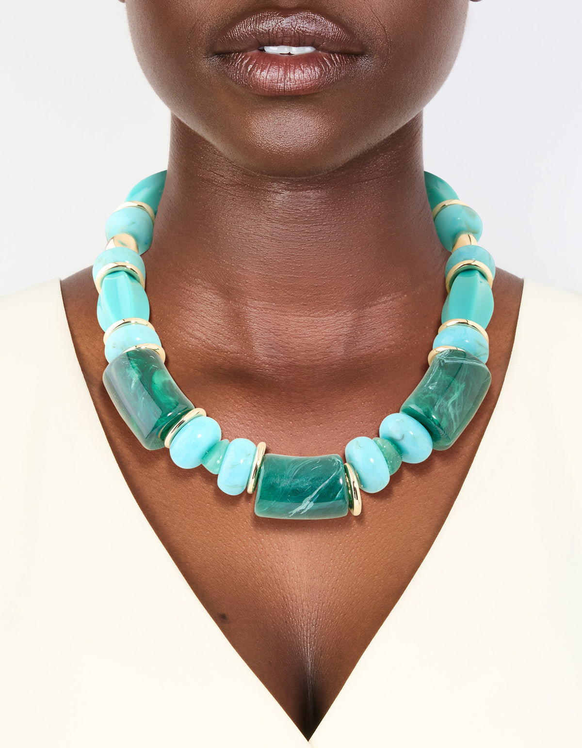 Aqua & Turquoise Acrylic Beaded Square & Round Chunky Necklace