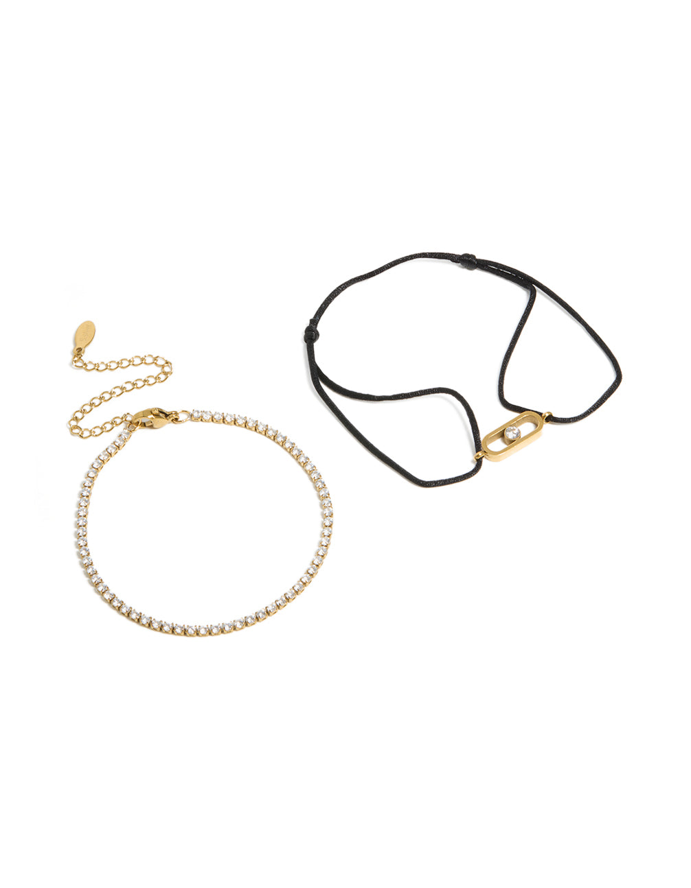 Waterproof Gold Plated Stainless Steel Cubic Zirconia & Black Cord Tennis Bracelet Set
