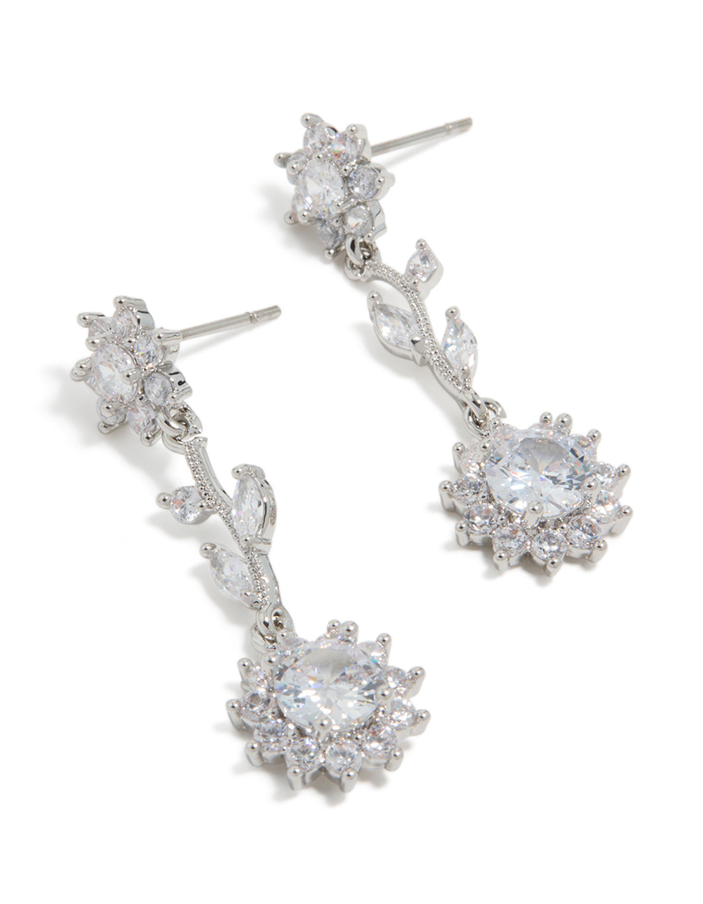 Silver Cubic Zirconia Vine Floral Drop Earrings