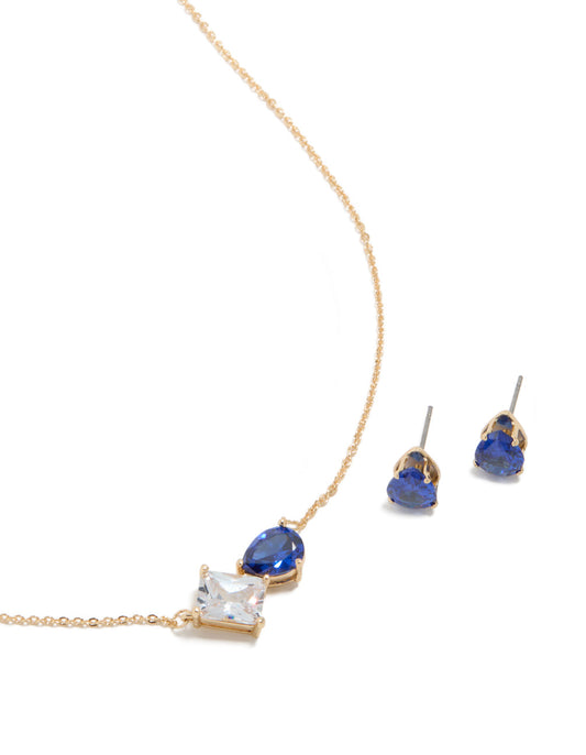 Gold Clear & Blue Cubic Zirconia Cluster Necklace & Earrings Set