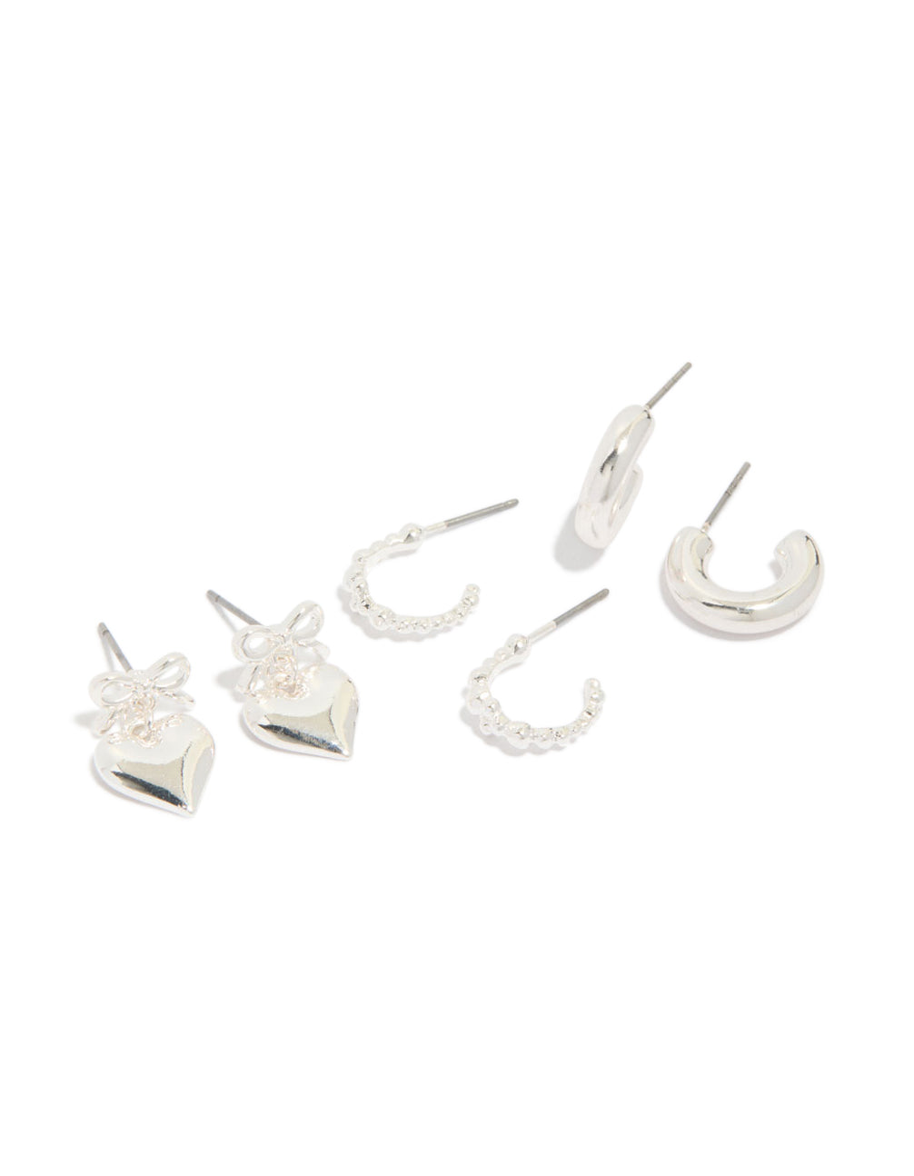 Silver Bow Heart Bubble Stud & Hoop Earrings 3-Pack