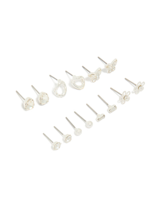 Silver Butterfly & Diamante Teardrop Earrings 7-Pack