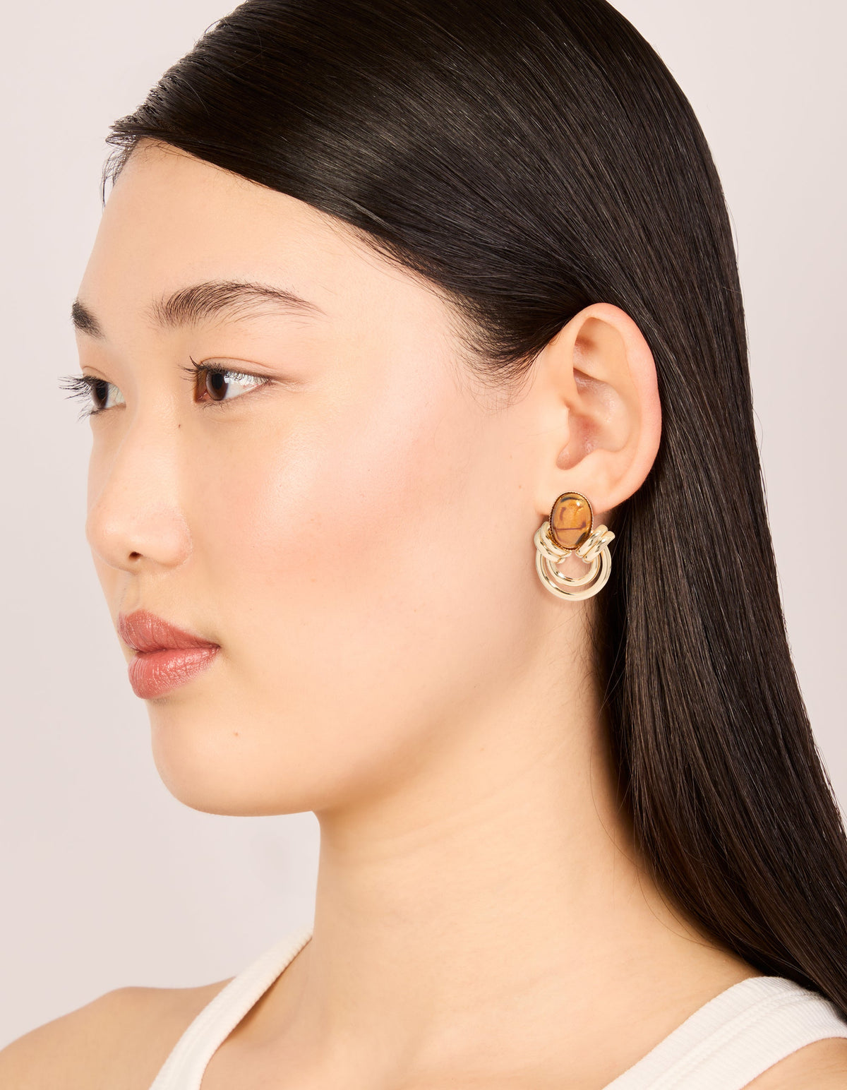 Gold Brown Stone & Double Lined Stud Earrings