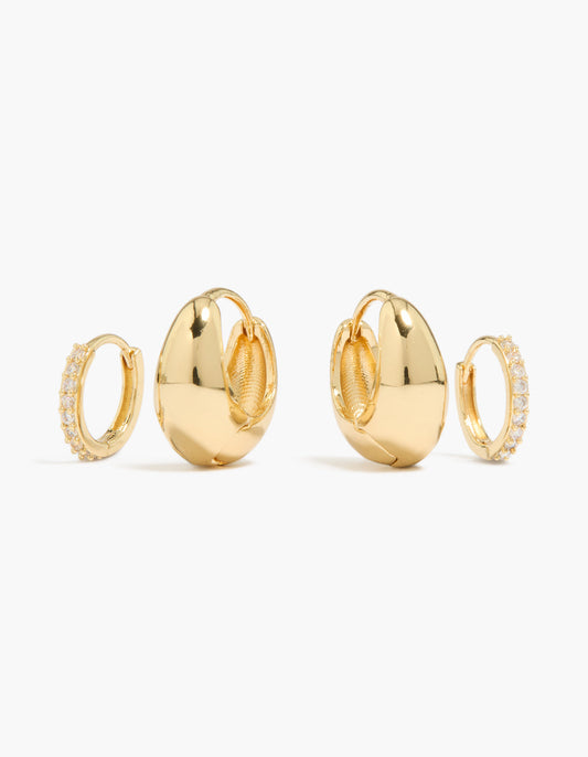 14K Gold Plated Cubic Zirconia & Oval Huggie Earrings 2-Pack