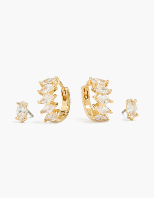 14K Gold Plated Marquise Cubic Zirconia Huggie & Stud Earrings 2-Pack