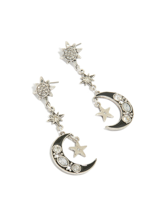 Antique Silver Edgy Star Moon Drop Earrings
