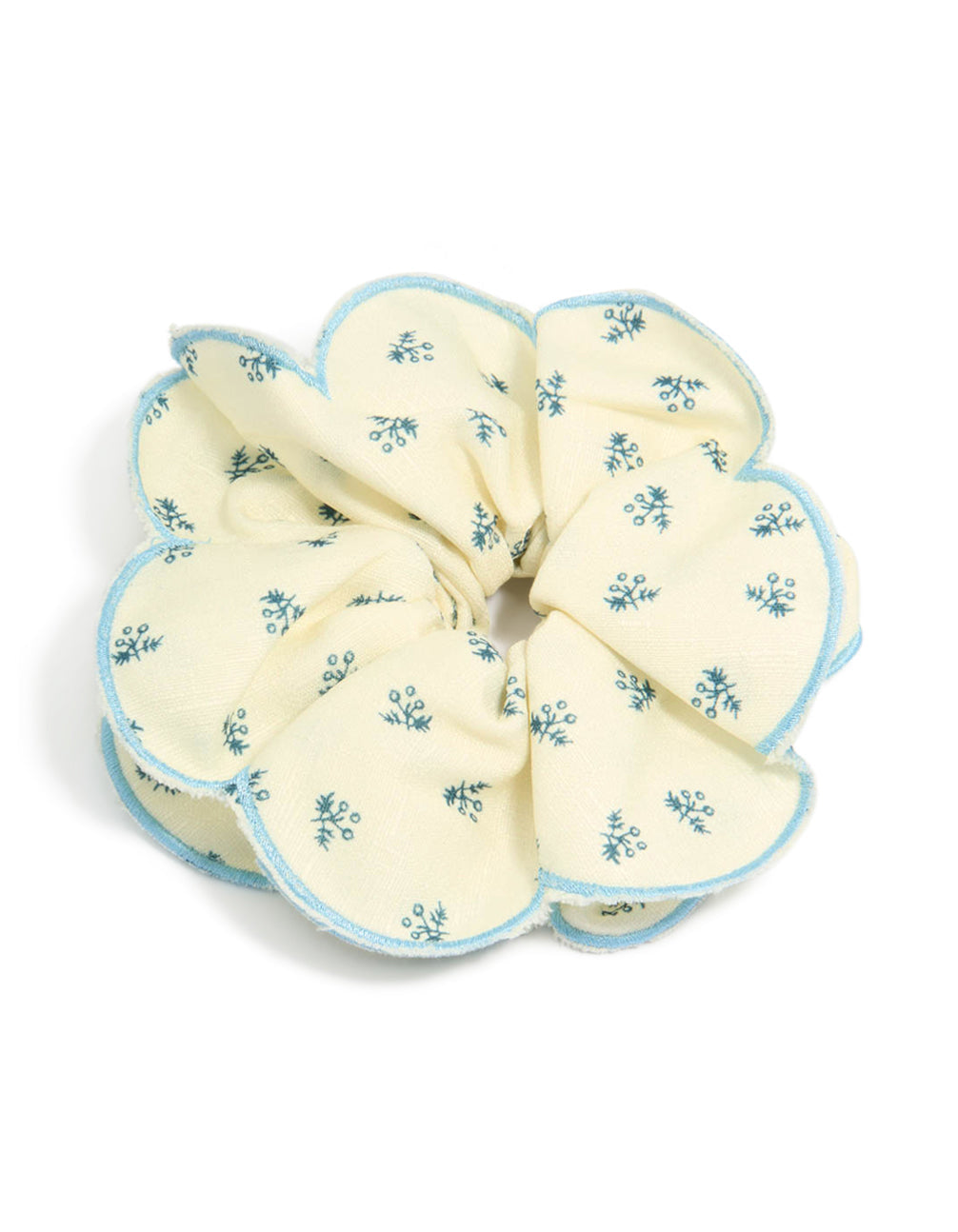 Cream Blue Daisy Printed Fabric Ruffled Scrunchie