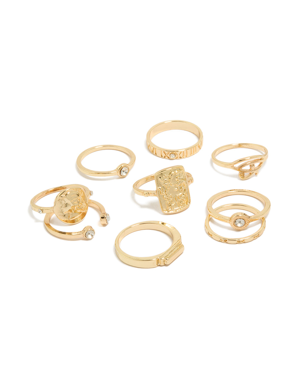 Gold Roman Numeral &  Diamante Rings 9-Pack