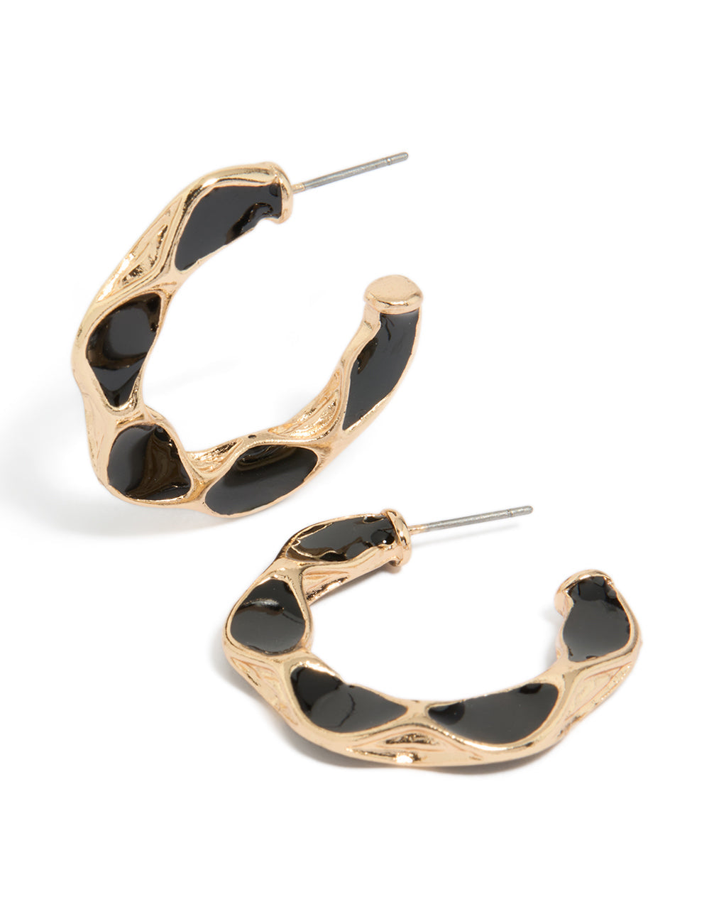 Gold Textured Black Enamel Hoop Earrings