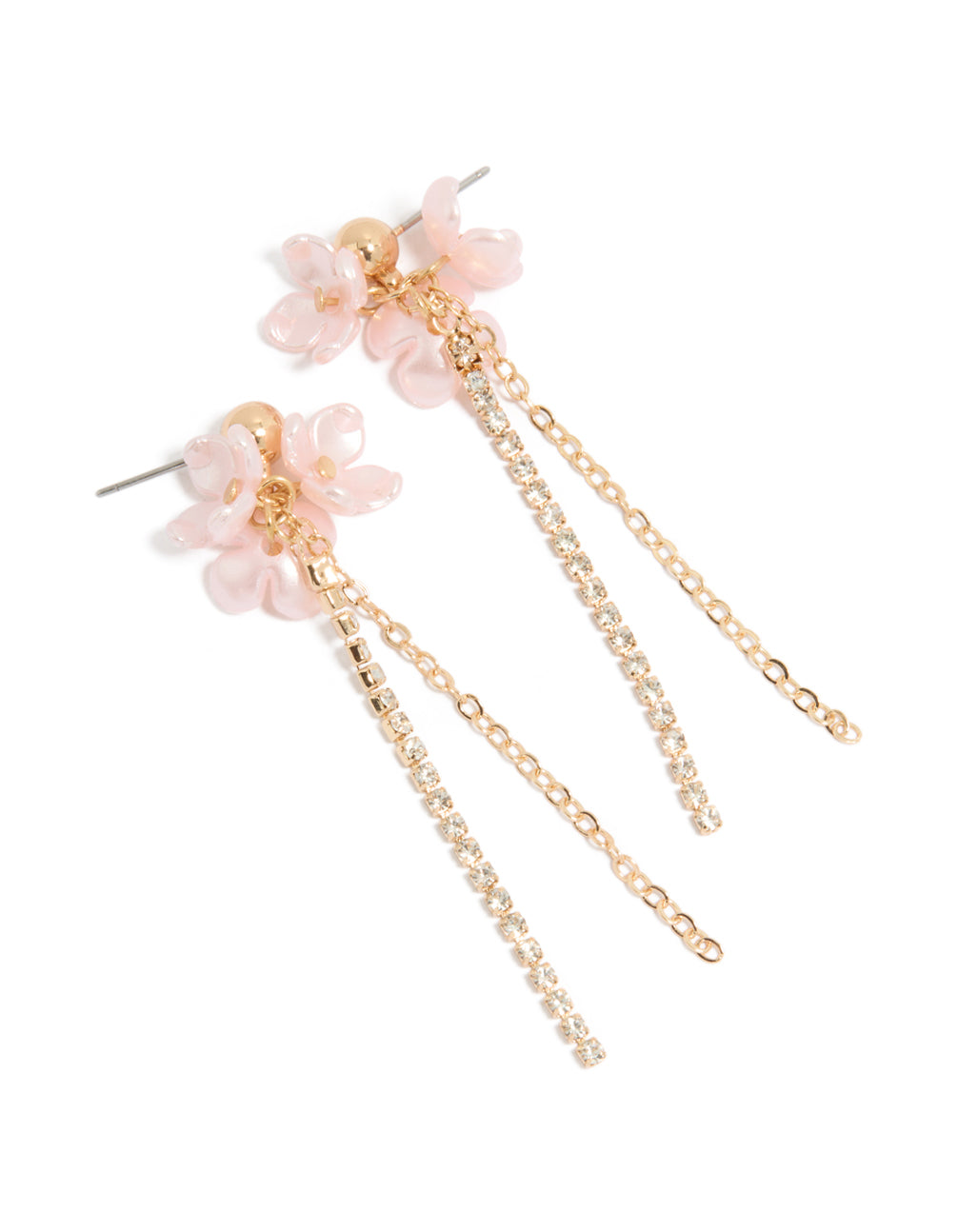 Gold Pink Floral Diamante Chain Drop Earrings
