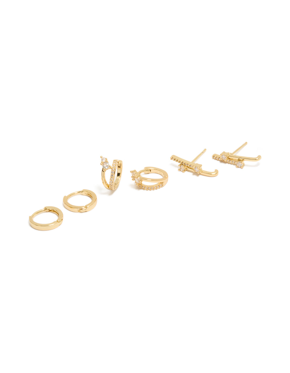 Gold Plated Cubic Zirconia Studs & Double Cuff Huggie Earrings 3-Pack