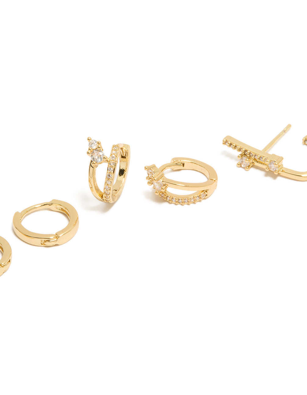Gold Plated Cubic Zirconia Studs & Double Cuff Huggie Earrings 3-Pack