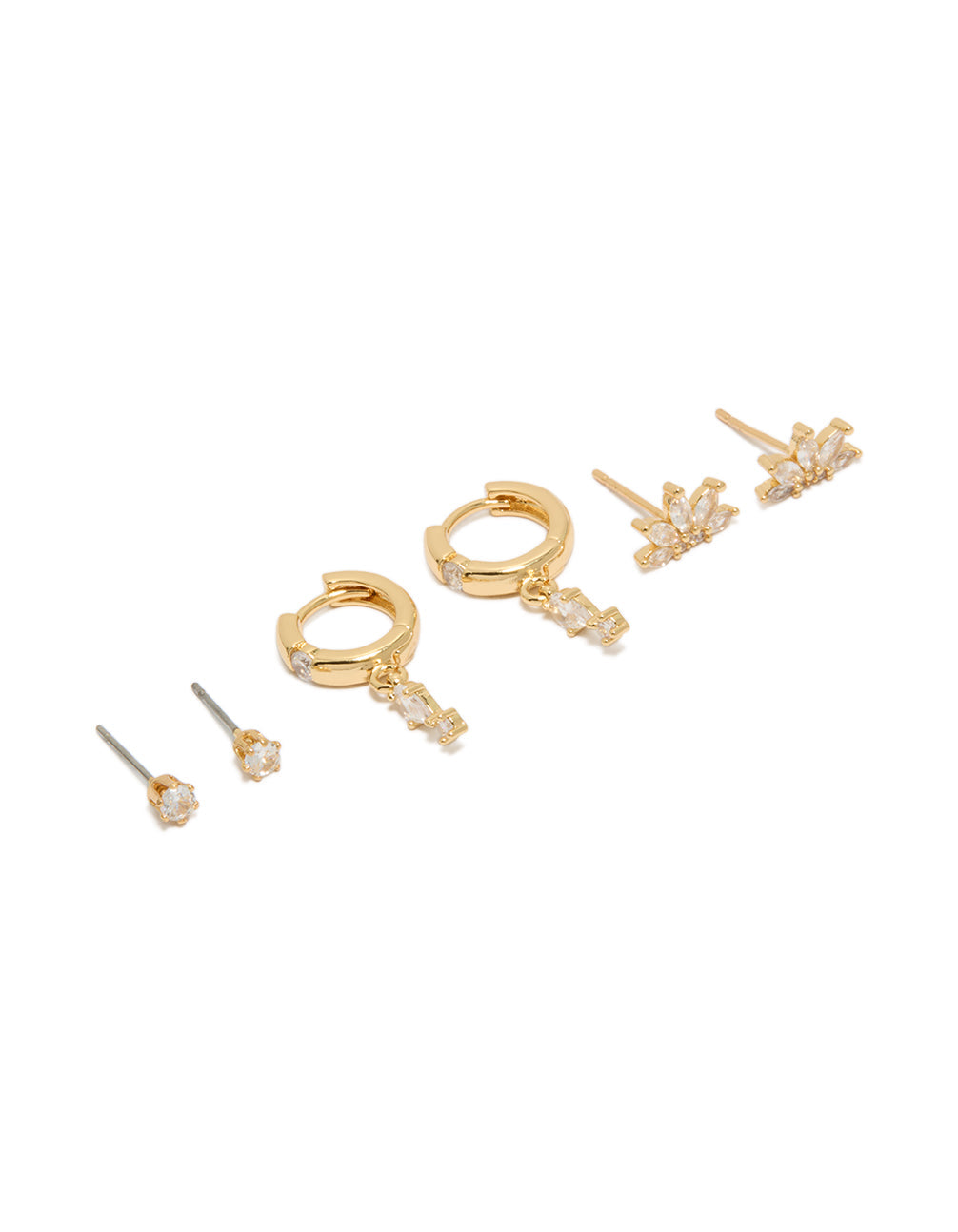 Gold Plated Cubic Zirconia Studs & Marquise Fan Earrings 3-Pack