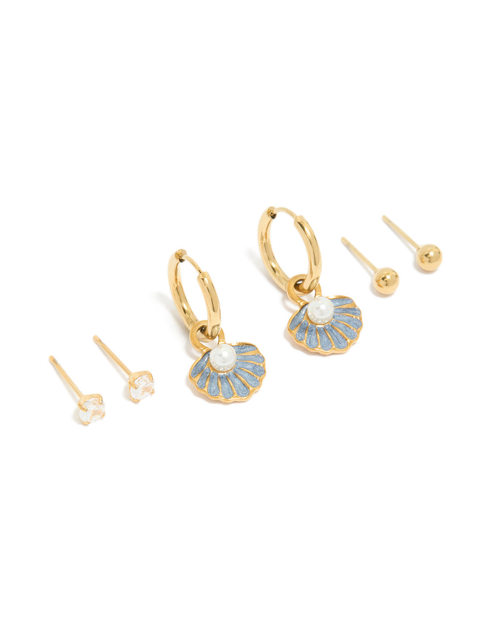 Tweens Waterproof Gold Plated Stainless Steel  Pearl & Shell Stack Earrings 3 Pack