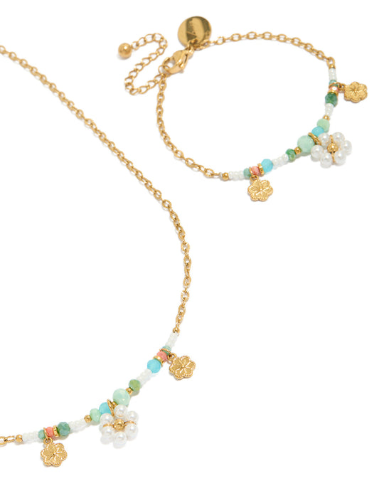 Tweens Gold Plated Stainless Steel Pearl Flower Necklace & Bracelet Set