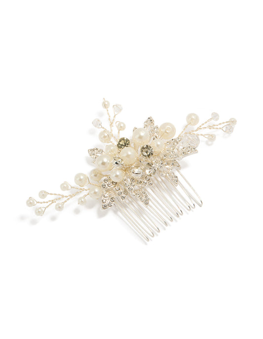 Silver Pearl & Diamante Leaf Comb