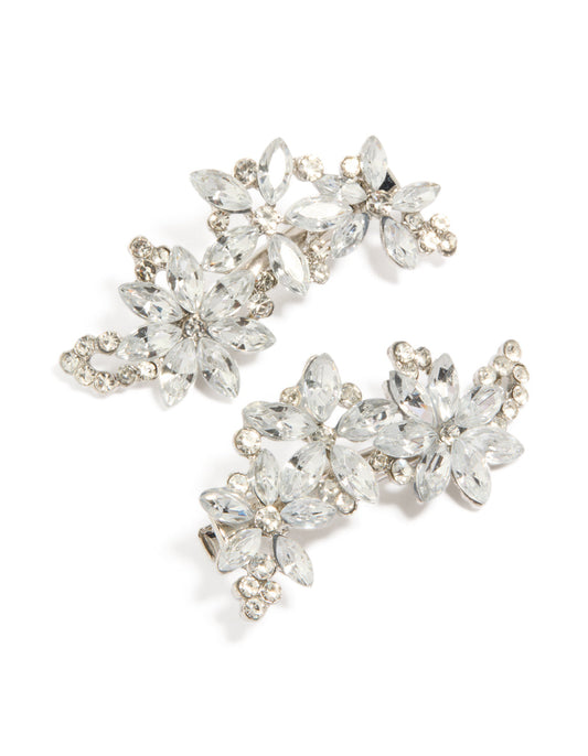Silver Diamante Flower Clips Pack