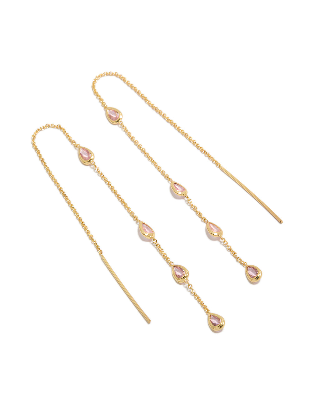 Gold Plated Pear  Pink Diamante Station Threader Earrings