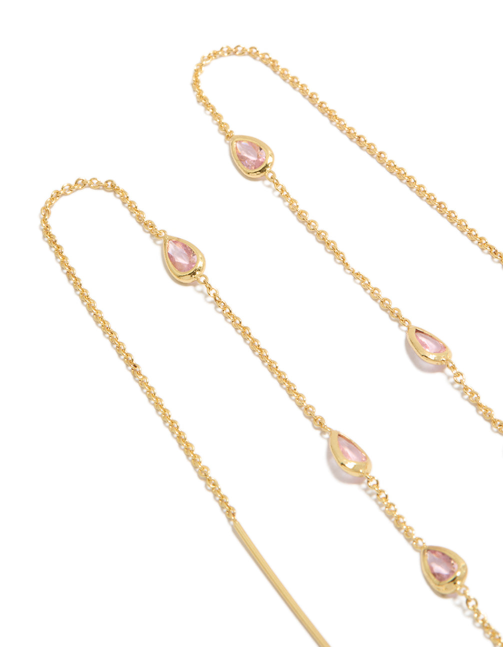 Gold Plated Pear  Pink Diamante Station Threader Earrings