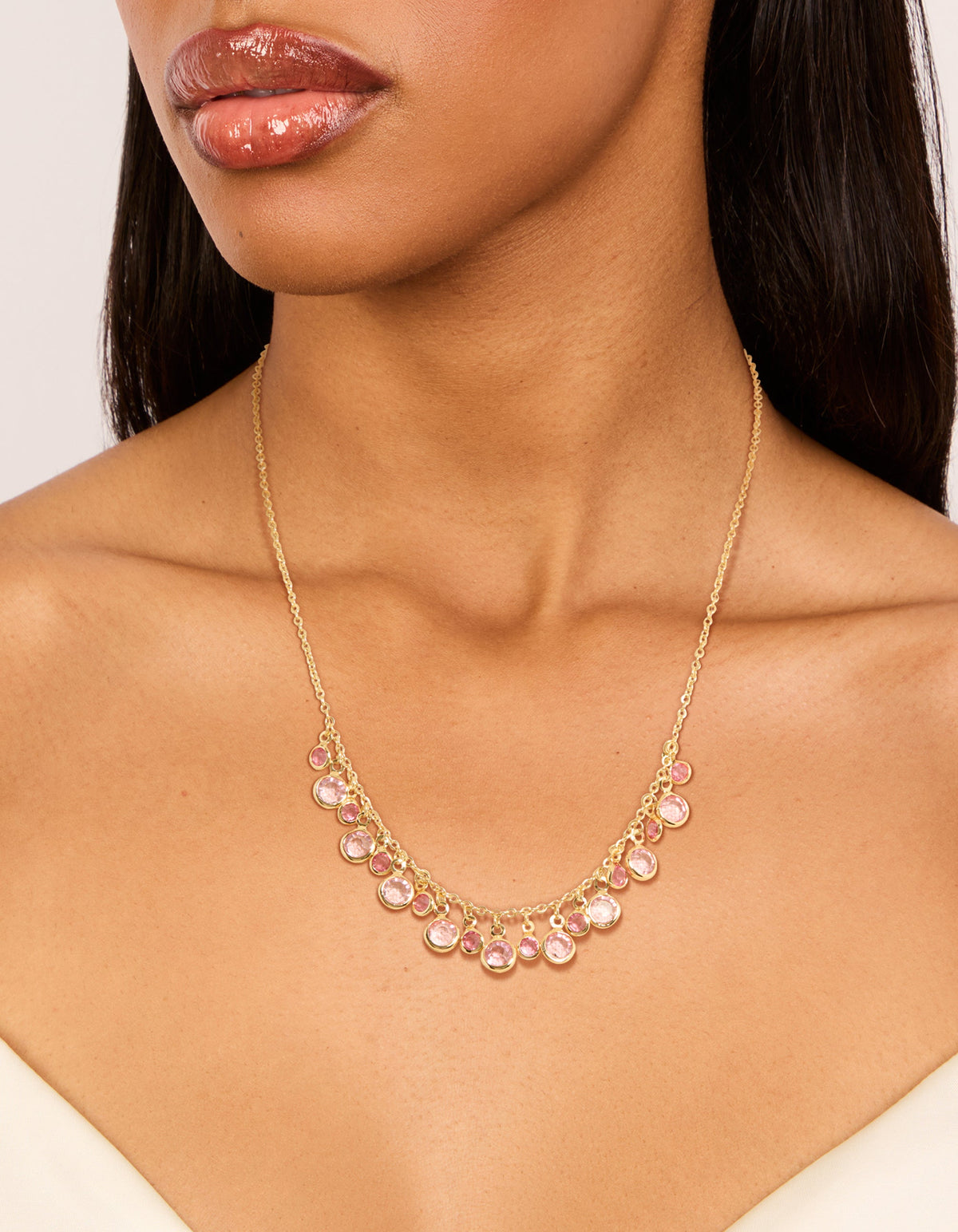 Gold Pink Cubic Zirconia Circles Charm Necklace