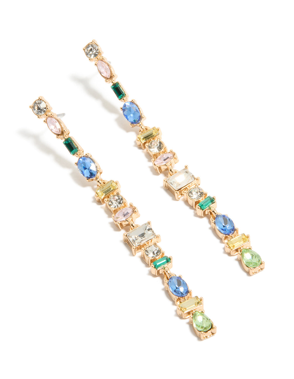 Gold Blue & Green Diamante Long Drop Earrings