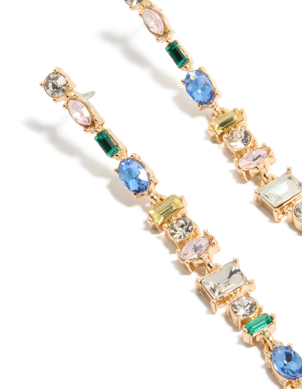 Gold Blue & Green Diamante Long Drop Earrings