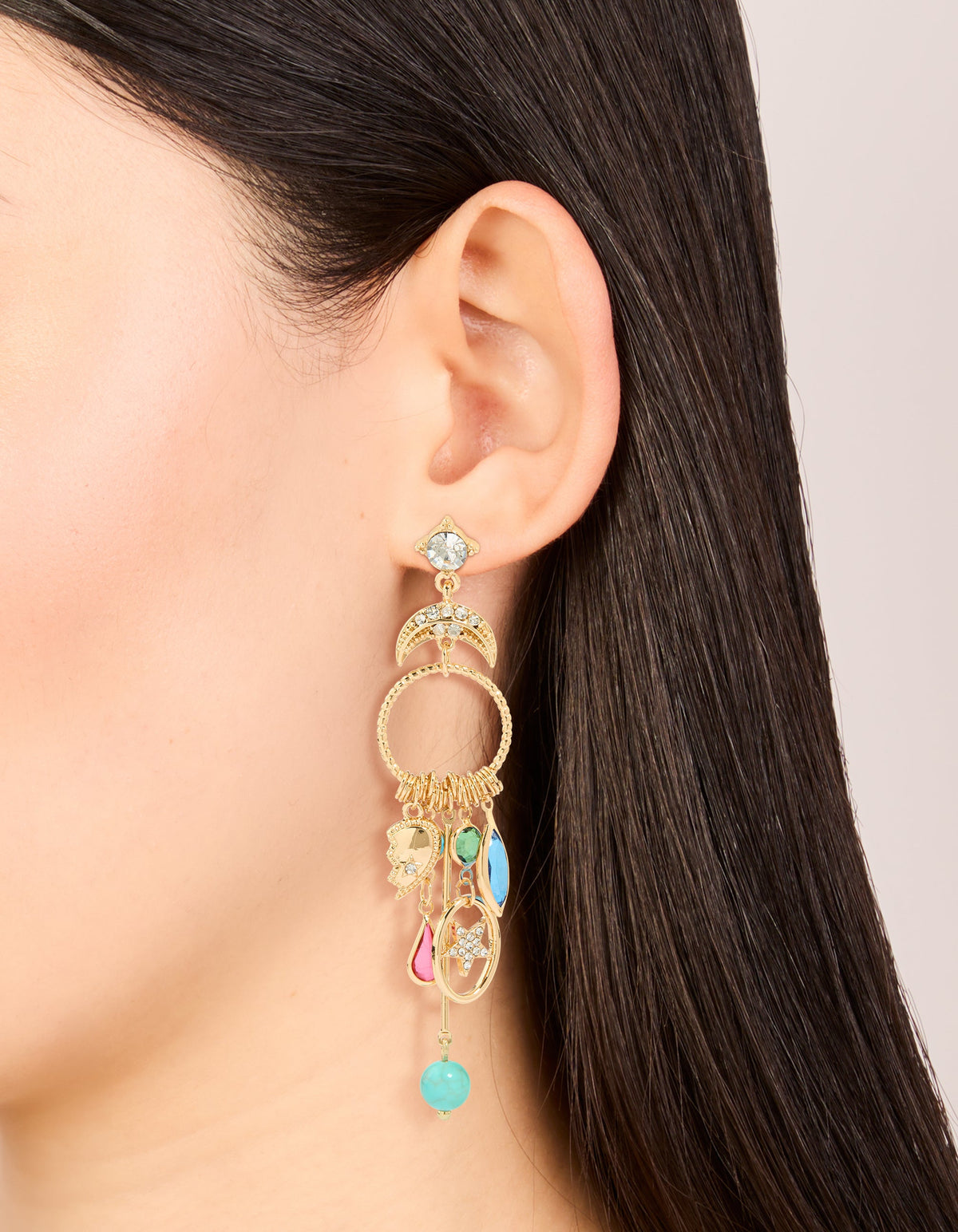 Gold Moon & Circle Charm Drop Earrings