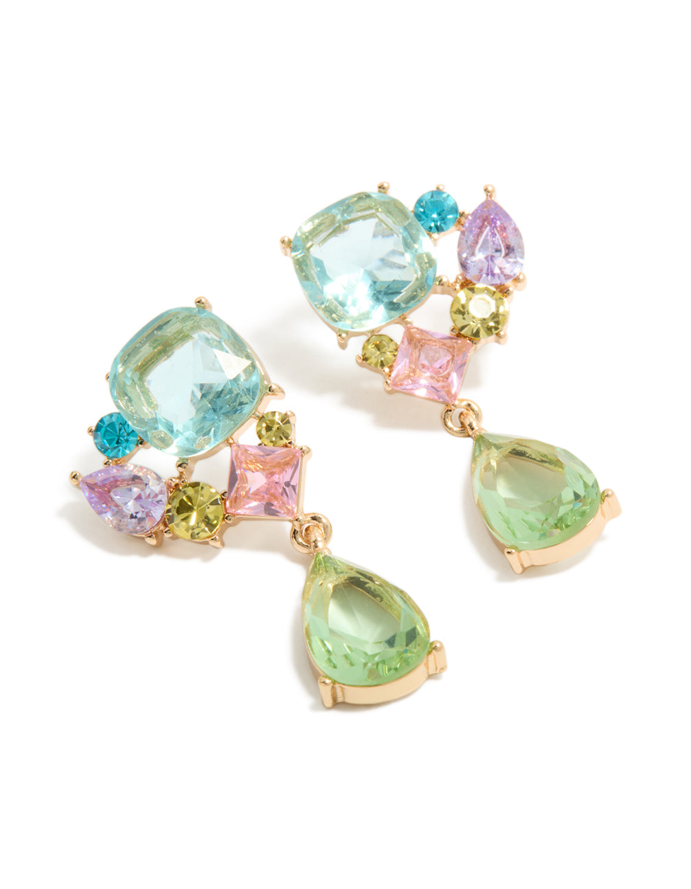 Gold Blue & Green Diamante Cluster Drop Earrings