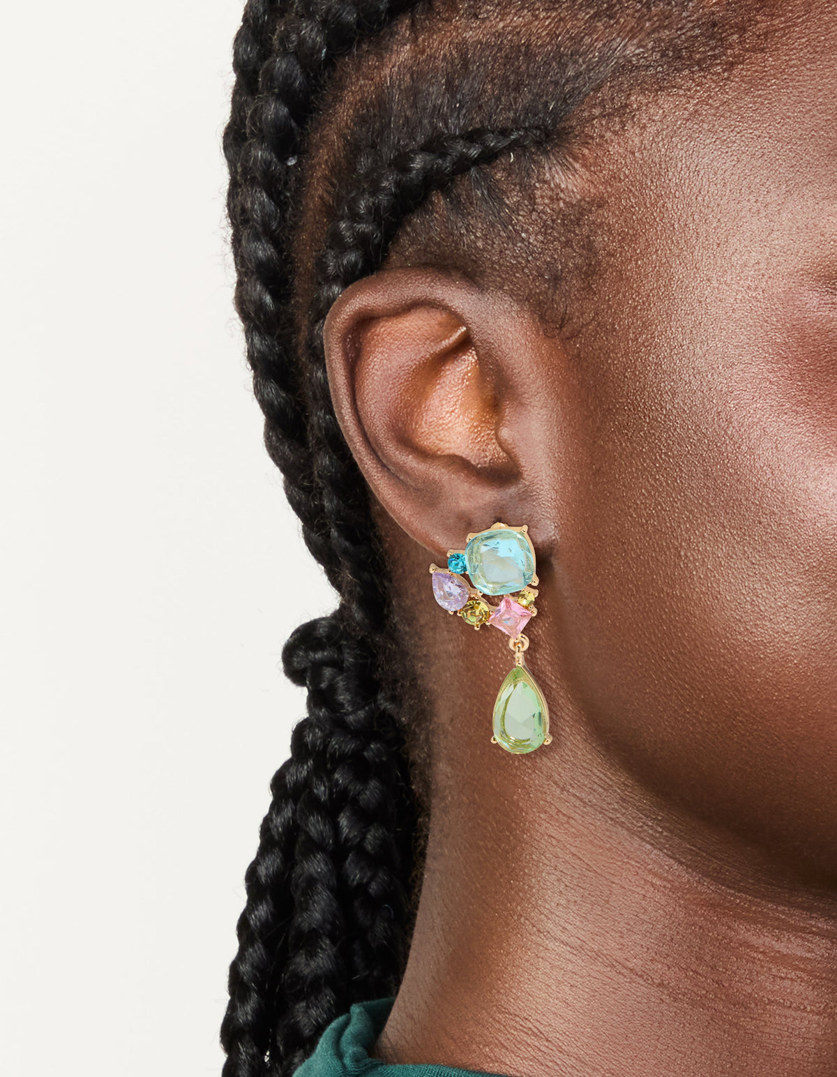 Gold Blue & Green Diamante Cluster Drop Earrings