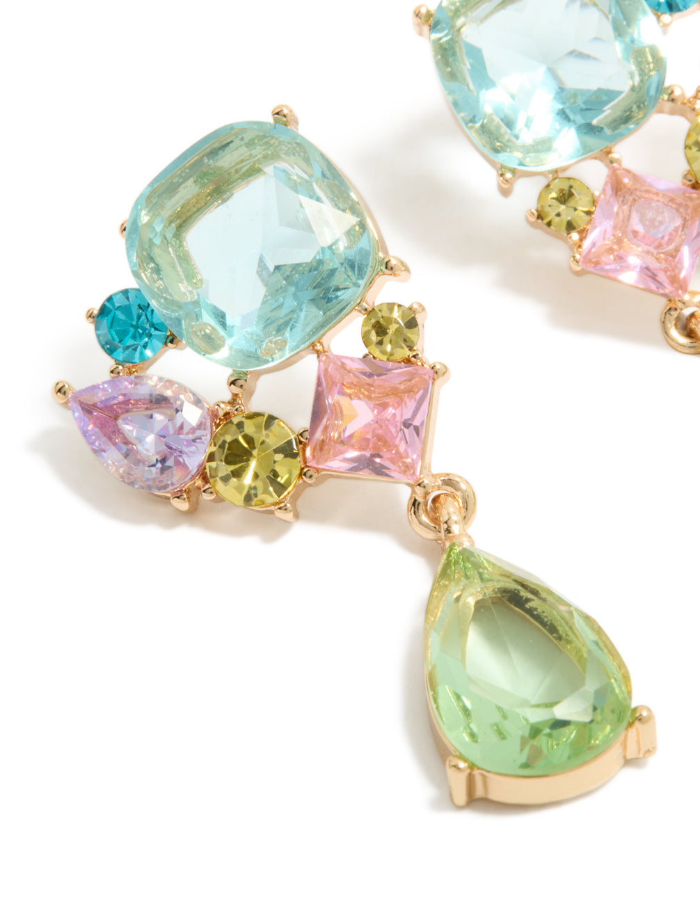Gold Blue & Green Diamante Cluster Drop Earrings