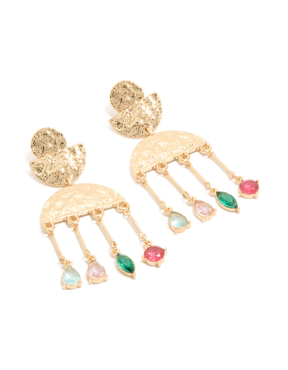 Worn Gold Pink & Green Diamantes  Drop Earrings