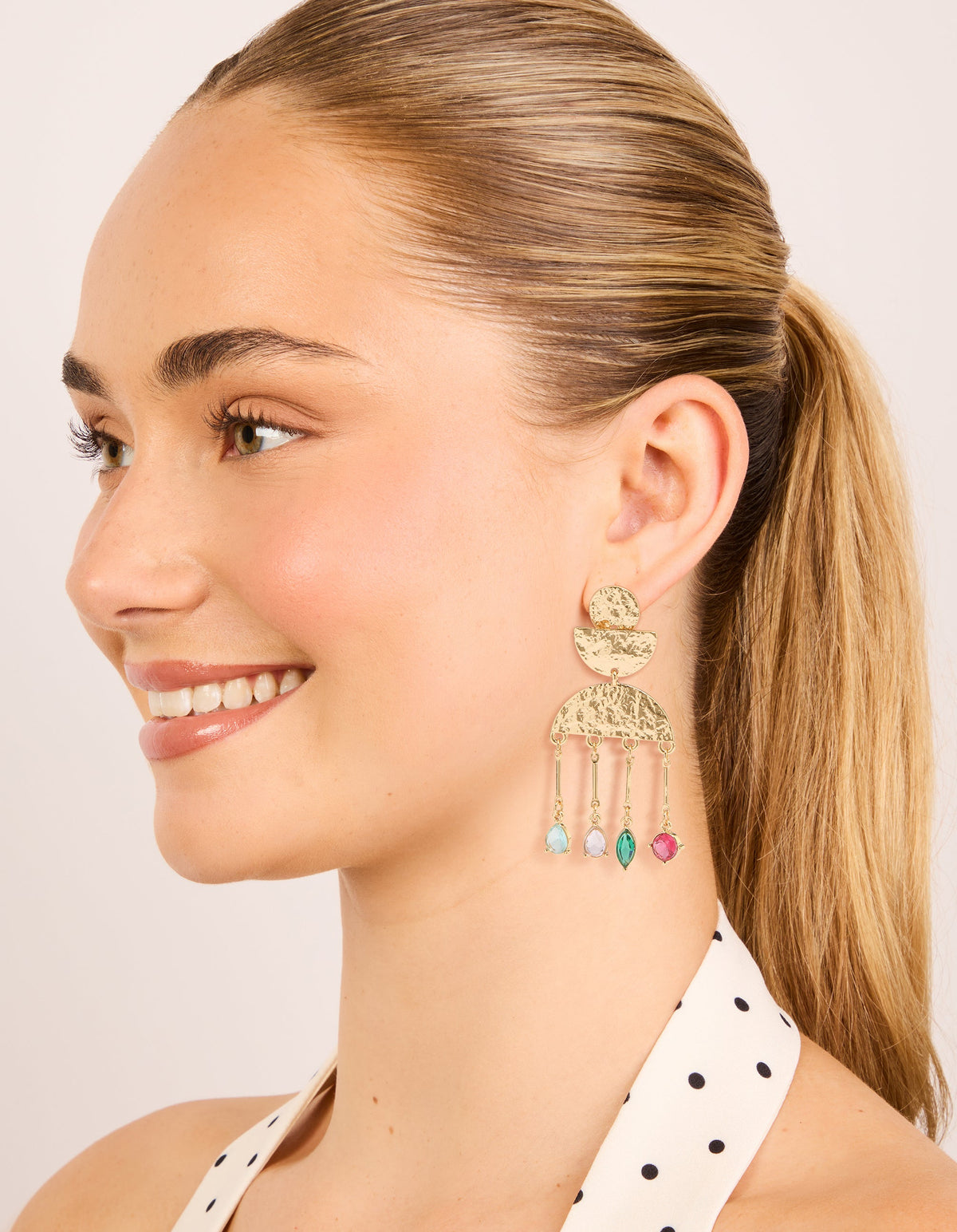 Worn Gold Pink & Green Diamantes  Drop Earrings
